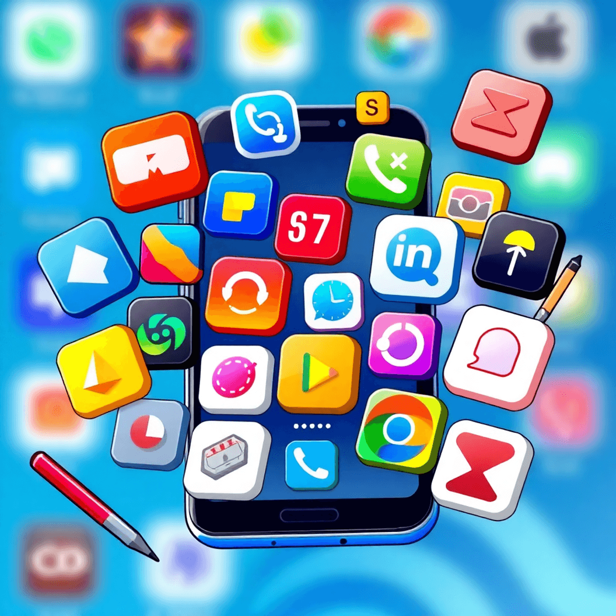 A colorful smartphone screen filled with diverse app icons, set against a blurred home
                screen, with sketching tools and design software icons subtly integrated.